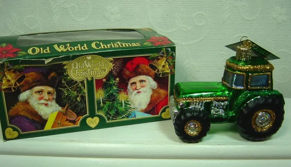 MERCK FAMILY OLD WORLD CHRISTMAS BLOWN GLASS GREEN TRACTOR ORNAMENT